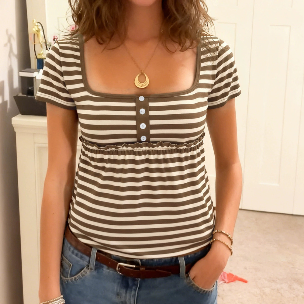 Zara Retro Striped Contrast Square Neck Button Ruffle Hem Lounge Tee